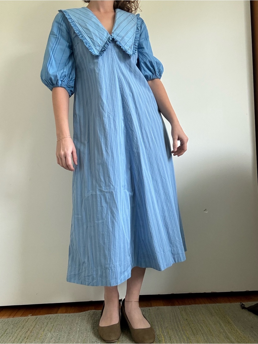 Ganni Light Blue Striped Midi Dress with Peter Pan Collar
